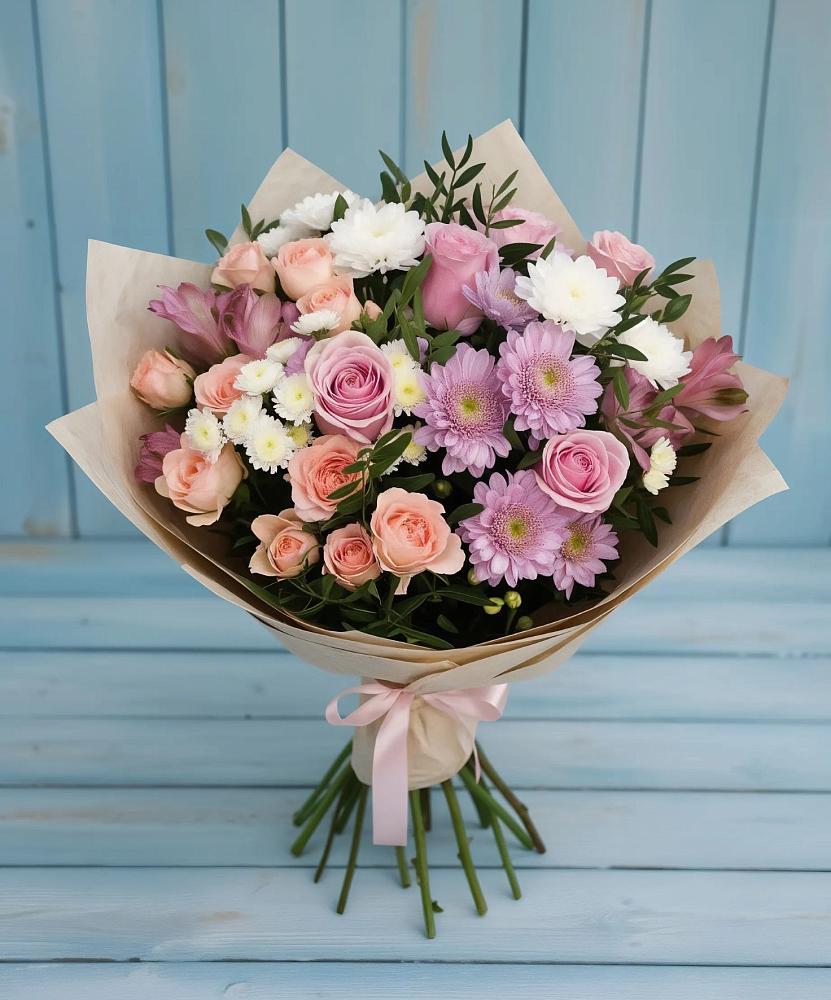 Букет цветов из: Хризантемы, Розы и Альстромерии в Рыбное 