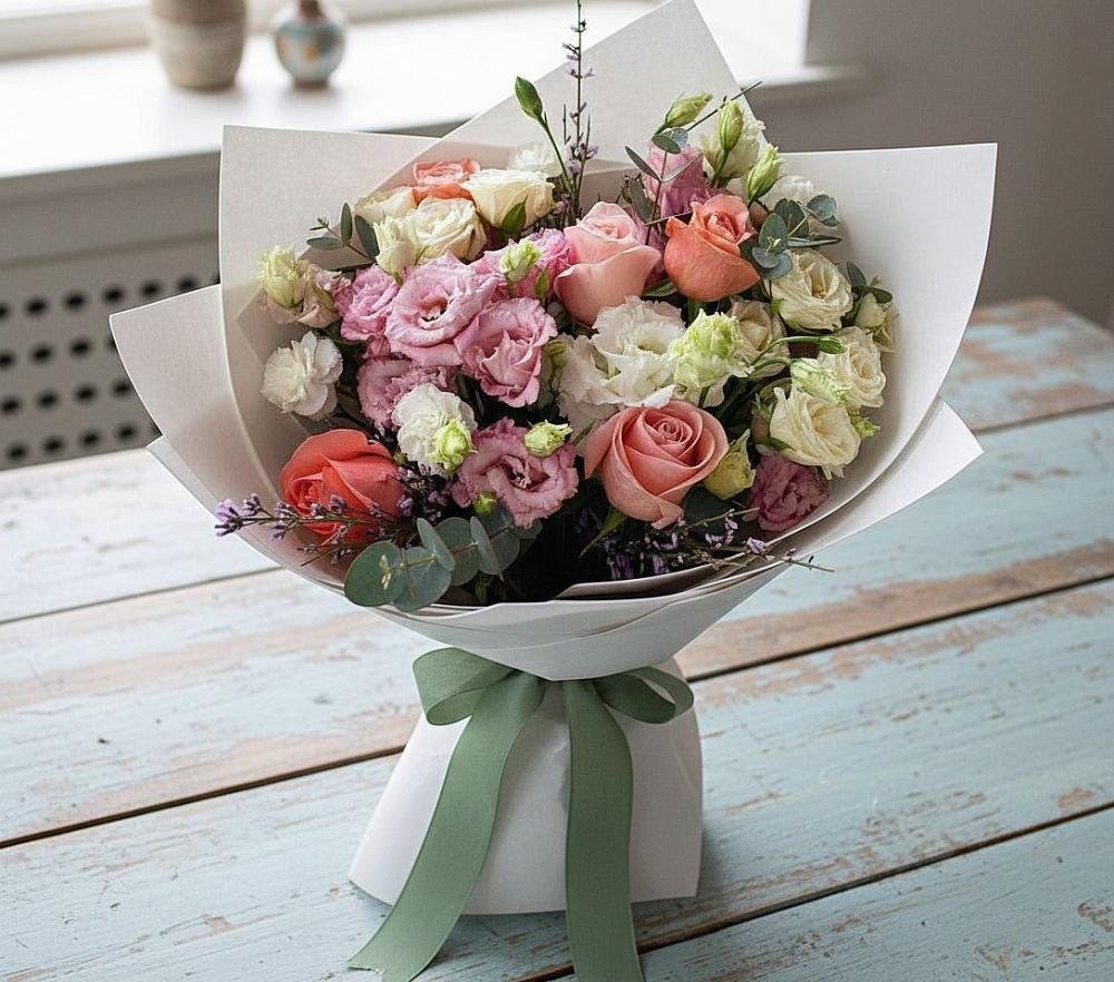 Букет цветов из: Розы, Лизиантусы и Гвоздики в Рыбное 