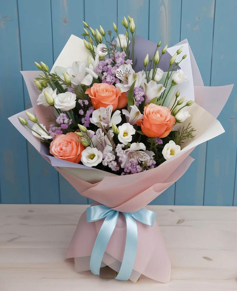 Букет цветов из: Лизиантусы, Розы, Альстромерии и Гипсофила в Рыбное 