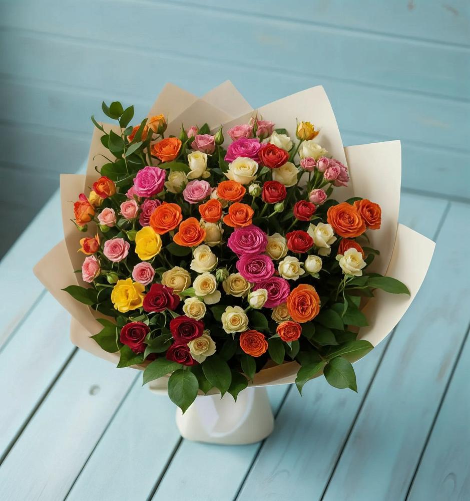 Букет Микс из разноцветных кустовых роз в Рыбное 