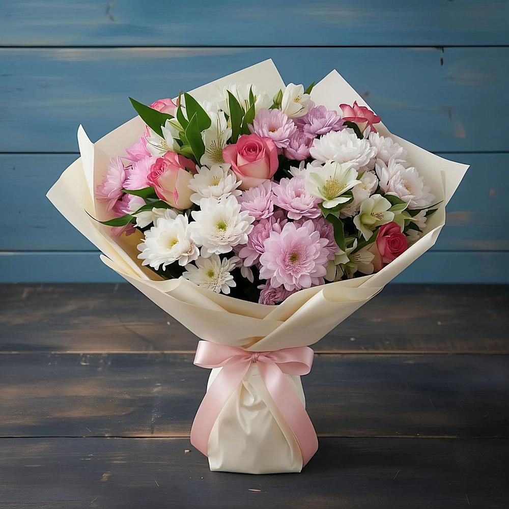 Букет цветов из: Хризантемы, Альстромерии и Розы в Рыбное 